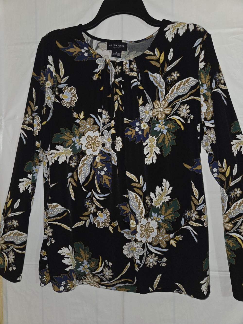 Liz Claiborne Black Floral-Print Long Sleeve Blouse